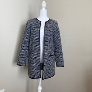 Houndstooth Open Long-Sleeved Jacket with Black Piped Decorative Lining